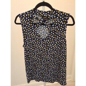 Expresso L Navy Ditsy Floral Keyhole Mock Neck Sleeveless Blouse Y2K Cutout Top